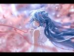  1girl blue_hair blurry bob_(biyonbiyon) closed_eyes depth_of_field hatsune_miku letterboxed necktie petals red_string smile solo string twintails vocaloid 