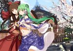  2girls adapted_costume blue_sky bow bracelet brown_eyes brown_hair building cherry_blossoms choker detached_sleeves east_asian_architecture frog_hair_ornament green_hair hair_bow hair_ornament hair_tubes hakurei_reimu heart heart_hands heart_hands_duo highres jewelry kochiya_sanae lia-sama long_hair long_sleeves looking_at_viewer mary_janes midriff mound_of_venus multiple_girls navel open_mouth pendant shirt shoes skirt sky smile snake_hair_ornament temple touhou tree wide_sleeves yellow_eyes 