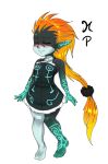  1girl bare_shoulders barefoot blush closed_eyes imp long_hair low-tied_long_hair maniacpaint midna minidress neon_trim no_headwear no_helmet orange_hair pointy_ears smile solo the_legend_of_zelda twilight_princess very_long_hair 