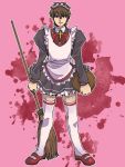  1boy alternate_costume apron bow broom brown_eyes brown_hair cross cross_necklace crossdressinging dress enmaided fate/zero fate_(series) jewelry kotomine_kirei maid maid_headdress necklace red-trio solo thigh-highs 