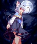  1girl animal_ears bow capelet dowsing_rod dress full_moon gem glowing grey_dress grey_hair jewelry koza looking_at_viewer moon mouse_ears mouse_tail nazrin neckerchief night pendant pink_eyes short_hair sky solo tail touhou upskirt 