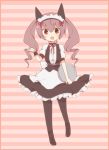  1girl animal_ears blush border cat_ears chuo_(irityuo) drill_hair fake_animal_ears faris_nyannyan frills long_hair maid maid_headdress open_mouth pantyhose pink pink_background pink_eyes pink_hair puffy_short_sleeves puffy_sleeves short_sleeves smile solo steins;gate striped striped_background tray twin_drills wrist_cuffs 