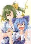  2girls ascot blue_hair bow cirno closed_eyes daiyousei fairy_wings gradient gradient_background green_hair hair_bow hand_on_another&#039;s_head hands_touching light_particles multiple_girls puffy_short_sleeves puffy_sleeves short_hair short_sleeves side_ponytail skirt skirt_set smile touhou wings yamada_yukihito 