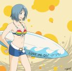  1girl bikini blue_eyes blue_hair boyshorts circle dl emoticon engrish front-tie_top halterneck hand_on_hip highres mahou_shoujo_madoka_magica midriff miki_sayaka navel ranguage short_hair solo surfboard swimsuit 