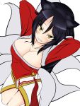  1girl ahri animal_ears black_hair blush breasts cleavage detached_sleeves facial_mark fox_ears fox_tail from_above grin kurarika large_breasts league_of_legends long_hair multiple_tails smile solo tail white_background yellow_eyes 