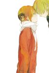  1boy 1girl 7468 blonde_hair bun_cover forehead-to-forehead gintama hair_bun jacket kagura_(gintama) long_hair okita_sougo orange_hair scarf short_hair 