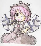  1girl animal_ears colored_pencil_(medium) dated dress grey_eyes hat hb_take long_sleeves mystia_lorelei open_mouth pink_hair ribbon short_hair smile solo touhou traditional_media wings wink 