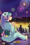  1girl barefoot blue_hair blush fireworks flower food hair_flower hair_ornament hairband japanese_clothes kimono long_hair looking_back night ponytail red_eyes sandals shoes_removed sitting smile takoyaki zpolice 