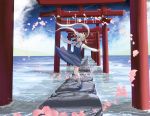 1girl blue_dress blue_eyes blue_sky clouds dress hair_ribbon kneehighs long_hair long_sleeves masao ocean original outstretched_arms path petals ribbon shirt shoes silver_hair sky solo torii twintails very_long_hair water white_legwear wind wind_lift 