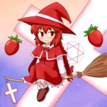  1girl bow braid broom broom_riding cape capelet cross dress food fruit hat konokiya long_hair long_sleeves okazaki_yumemi red_eyes redhead ribbon shoes single_braid skirt smile solo strawberry touhou touhou_(pc-98) vest witch witch_hat 