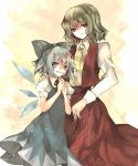  2girls age_difference ascot blue_eyes bow cirno dress dress_shirt flower green_hair hair_bow hand_on_shoulder highres hina_(pico) ice ice_wings kazami_yuuka multiple_girls open_mouth red_eyes shirt short_hair touhou vest white_shirt wings 