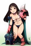  1girl armor bikini_armor blush boots breasts brown_hair cape chichi dated dragon_ball gloves harumaki helmet long_hair navel open_mouth signature solo standing undressing 