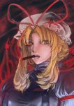  1girl balalaika black_lagoon blonde_hair breasts cigar crossover fusion gap hat hat_ribbon heterochromia highres large_breasts lips lipstick long_hair makeup payot red_eyes ribbon scar senkou_tobaku smoking solo taut_clothes touhou yakumo_yukari yellow_eyes 