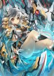  1girl :o armor bare_legs blush breasts crossed_legs crossed_legs_(lying) mamuru mecha_musume original red_eyes silver_hair sitting solo 