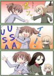  3girls alisa amazon_(company) attack blonde_hair blue_eyes blush box brown_eyes brown_hair cardboard_box chibi closed_eyes comic empty_eyes english fang fist_pump freckles girls_und_panzer hair_ornament jacket jankenpon katyusha long_hair military military_uniform multiple_girls necktie nonna open_mouth shijiani short_hair short_twintails smile tears twintails uniform 