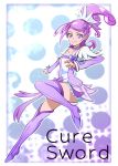 1girl arm_warmers blue_background boots character_name choker cure_sword curly_hair dokidoki!_precure gradient gradient_background hair_ornament hairpin kenzaki_makoto magical_girl polka_dot polka_dot_background ponytail precure purple_background purple_hair purple_legwear short_hair skirt smile solo spade standing_on_one_leg thigh-highs thigh_boots toyo-1040-maruthi violet_eyes 