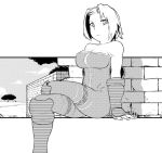  1girl bare_shoulders breasts cleavage crossed_legs final_fantasy final_fantasy_tactics fingerless_gloves gloves large_breasts monk_(fft) monochrome short_hair sitting solo tsukudani_(coke-buta) unitard 