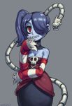  1girl bare_shoulders blue_hair blue_skin blush breasts cleavage detached_sleeves dress hair_over_one_eye hand_to_mouth leviathan_(skullgirls) long_hair long_skirt red_eyes side_ponytail skirt skull skullgirls solo speh squigly_(skullgirls) stitched_mouth strapless_dress striped_sleeves zombie 