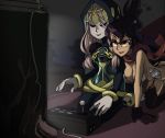  2girls aeon_(skullgirls) arcade_stick artist_request breasts cleavage closed_eyes controller game_controller glasses gloves hood hourglass joystick large_breasts lipstick long_hair makeup multiple_girls pink_hair purple_hair semi-rimless_glasses siblings sisters skullgirls tiara venus_(skullgirls) 