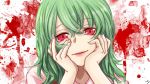  1girl blood blood_splatter green_hair hands_on_own_cheeks hands_on_own_face kazami_yuuka mirai_nikki parody red_eyes short_hair smile solo south. touhou yandere_trance 