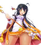  1girl :o absurdres ahoge ara_han black_hair blush brown_eyes crotch_seam elsword fluegel from_below highres long_hair panties panties_under_pantyhose pantyhose pantyhose_pull sheer_legwear skirt solo staff striped striped_panties underwear white_background 