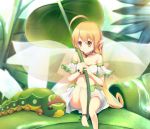  1girl ahoge anklet bare_foot blonde_hair bracelet bug caterpillar choker fairy jewelry leaf long_hair minigirl pinkarage pointed_ears sitting skirt smile wings yellow_eyes 