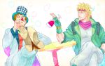  2boys blonde_hair brown_hair bubble caesar_anthonio_zeppeli cup facial_hair facial_mark feathers fingerless_gloves gloves grandfather_and_grandson green_jacket hat headband jacket jojo_no_kimyou_na_bouken multiple_boys mustache time_paradox top_hat uchiyama_lammy will_anthonio_zeppeli wine wine_glass 