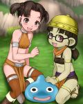  2girls bare_shoulders blush boots bracelet brown_eyes brown_hair character_request dragon_quest dragon_quest_x e10 glasses green_skin hat jewelry multiple_girls navel open_mouth red_eyes sandals sitting slime_(dragon_quest) smile squatting tagme thigh-highs 