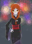 1girl aerial_fireworks alternate_hairstyle blue_skin breasts eyeshadow fireworks front_ponytail hair_bun hair_stick hand_on_hip japanese_clothes kimono large_breasts long_hair looking_at_viewer makeup midlink midna obi orange_hair pointy_ears red_eyes smile solo spoilers the_legend_of_zelda twilight_princess yellow_sclera 