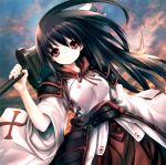  1girl armor black_hair clouds cross hitomaru long_hair original red_eyes sky solo sword traditional_clothes weapon 