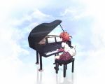  1girl akaza_akari double_bun grand_piano hair_bun instrument piano playing_instrument redhead school_uniform serafuku sheet_music sitting solo tata_(tataice) wavy_hair yuru_yuri 