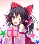  1girl black_hair blush bow box detached_sleeves gift gift_box hair_bow hair_tubes hakurei_reimu heart long_sleeves looking_at_viewer open_mouth shefu shirt skirt skirt_set smile solo sparkle star touhou valentine violet_eyes wide_sleeves wink 