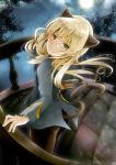  1girl animal_ears balcony blonde_hair blush cat_ears cat_tail clouds glasses long_hair looking_back military military_uniform moon night okatsukisei pantyhose perrine_h_clostermann sky smile solo strike_witches tail tree uniform yellow_eyes 