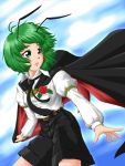  1girl antennae armband belt blue_sky cape cape_tug clouds dress_shirt flower green_eyes green_hair jewelry lips long_sleeves looking_away looking_over_shoulder necktie parted_lips red_rose rose shirt short_hair shorts single_earring sky soarer_limited solo touhou wind wind_lift wriggle_nightbug 