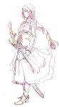  1girl armor artist_request braid corset dress full_body graphite_(medium) long_hair monochrome original single_braid standing sword traditional_media weapon white_background 