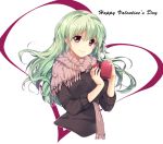  1girl alternate_costume alternate_hairstyle blush cofepig english green_hair happy_valentine heart kagiyama_hina long_hair looking_at_viewer red_eyes simple_background smile solo touhou valentine white_background 