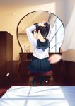  1girl adjusting_hair black_hair blush desk female kazushiki_midori long_hair mirror original petals ponytail school_uniform serafuku sitting skirt solo 