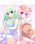  2girls amanagi_seiji animal_ears green_hair long_hair multiple_girls pink_hair thigh-highs 