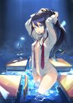  1girl arms_up black_hair blue_eyes breasts butterfly classroom highres long_hair moonlight mouth_hold navel necktie no_bra open_clothes open_shirt original panties ponytail school_desk see-through see-through_silhouette solo underwear wading water white_panties yoo_(tabi_no_shiori) 