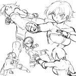  1girl bare_shoulders breasts cleavage collage fighting_stance final_fantasy final_fantasy_tactics gloves kicking large_breasts monk_(fft) monochrome muscle punching short_hair solo tsukudani_(coke-buta) unitard 