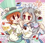  2girls alice_in_wonderland apron black_eyes bloody_marie_(skullgirls) cake cream cream_on_face cup food gloves hat ichigoaimin long_hair mad_hatter maid maid_headdress mechanical_arms muffin multiple_girls orange_hair peacock_(skullgirls) red_eyes short_hair silver_hair skull skullgirls smile teacup top_hat twintails white_gloves 