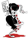  1girl ashley_swaby bare_shoulders detached_sleeves full_body hair_over_one_eye leviathan_(skullgirls) long_hair monochrome red_eyes side_ponytail sign sitting skull skullgirls smile solo squigly_(skullgirls) stitched_mouth zombie 