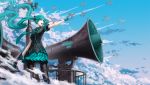  1girl airplane clouds condensation_trail floating_hair gloves green_eyes green_hair hatsune_miku koi_wa_sensou_(vocaloid) long_hair megaphone necktie open_mouth outstretched_arm pantyhose pointing skirt sky solo tower twintails very_long_hair vocaloid zhouran 