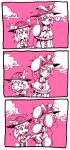  2girls 3koma ? balloon blush_stickers bow clouds comic food fruit happy hat hat_bow hat_ribbon hinanawi_tenshi leaf monochrome multiple_girls nagae_iku peach ribbon setz silent_comic sparkle static_cling symbol-shaped_pupils touhou 