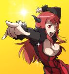 1girl breasts demon_girl dress foreshortening horns large_breasts long_hair looking_at_viewer maou_(maoyuu) maoyuu_maou_yuusha open_mouth pointing pose red_eyes redhead simple_background sparkle 