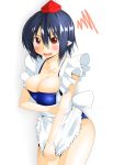  1girl apron black_hair hat one-piece_swimsuit open_mouth pointing_ears red_eyes shameimaru_aya short_hair solo swimsuit tears tokin_hat touhou 
