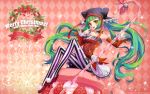  1girl argyle argyle_background cat_food_(vocaloid) choker christmas detached_sleeves finger_to_mouth ginkasarah green_hair hatsune_miku high_heels long_hair nail_polish new_year open_mouth pantyhose project_diva_f shoes sitting solo twintails vertical-striped_legwear vertical_stripes very_long_hair vocaloid yellow_eyes 