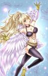  1girl armpits black_legwear blackdeeno blonde_hair breasts claws cleavage collarbone green_eyes harpie_dancer harpy large_breasts open_mouth solo thigh-highs wings yuu-gi-ou 