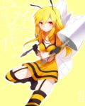  1girl antennae bee_girl beedrill blonde_hair breasts cleavage dress garter_straps long_hair personification pokemon pokemon_(game) red_eyes solo striped striped_legwear takeshima_(nia) thigh-highs wings yellow_background 