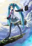  1girl aqua_eyes aqua_hair boots clear_echoes clouds detached_sleeves hatsune_miku long_hair necktie skirt solo speaker thigh-highs thigh_boots twintails very_long_hair vocaloid walking wings 